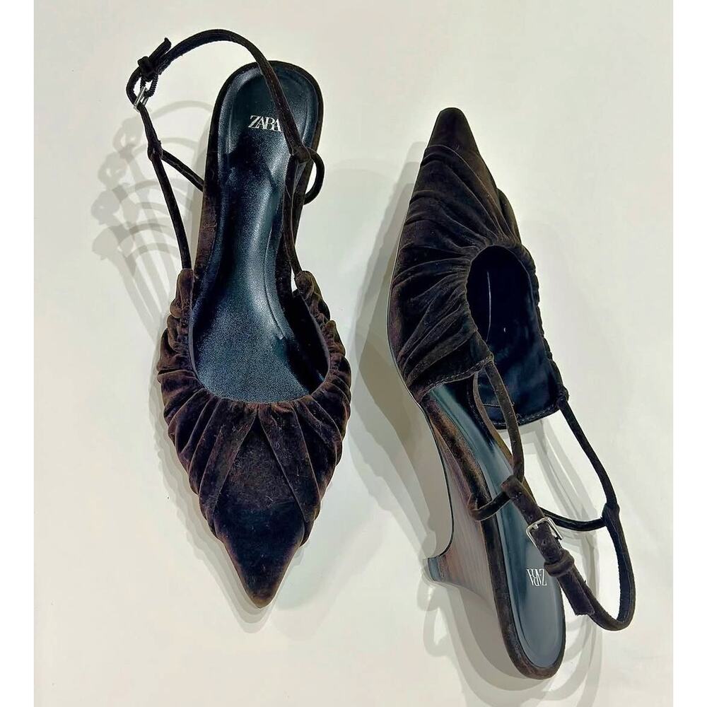 Zara NWT Brown Velvet Ruched Pointed Toe Slingback Kitten Heels 7.5 - Picture 10 of 16